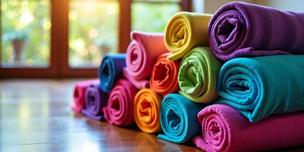 Colorful hot yoga towels on a wooden floor.