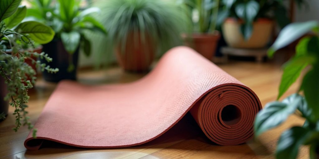 Close-up of eco-friendly yoga mat on wooden floor.