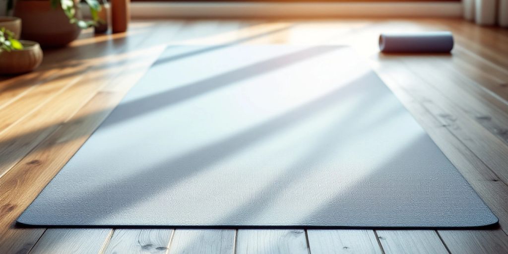 Vibrant large yoga mat on a wooden floor.