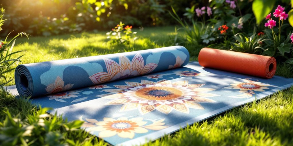 Colorful yoga mat in a tranquil outdoor setting.