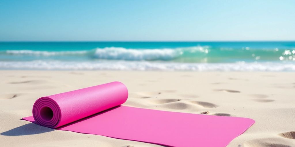 A colorful travel yoga mat on a beach.