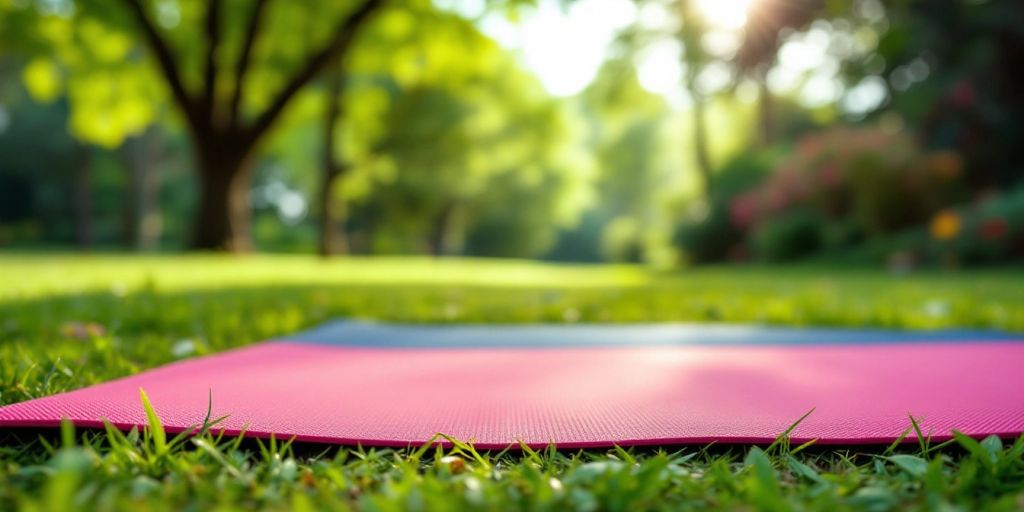 Colorful yoga mat on a peaceful outdoor setting.