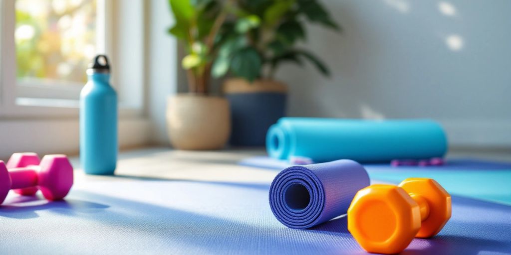 Colorful fitness yoga mat with accessories in a home setting.