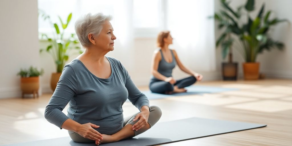 Senior exercising on a comfortable mat indoors.