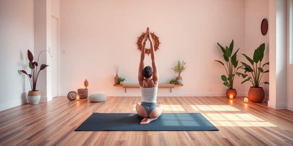 Yoga practitioner on rubber mat in serene studio setting.