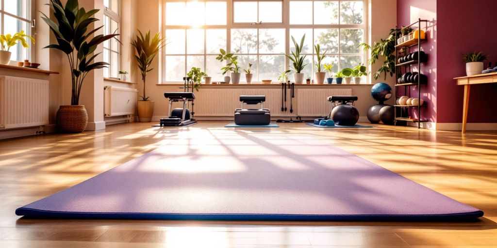 Thick Pilates mat in a bright fitness studio.