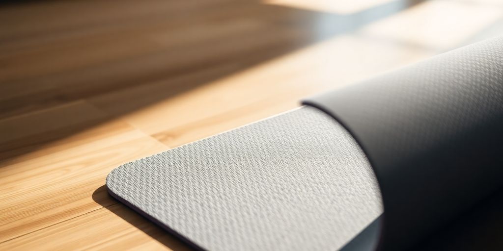 Close-up of thick wide yoga mat on wooden floor.