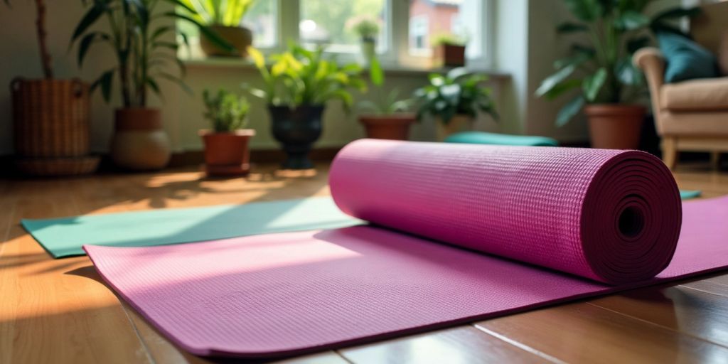 Colorful yoga mat on wooden floor with plants.