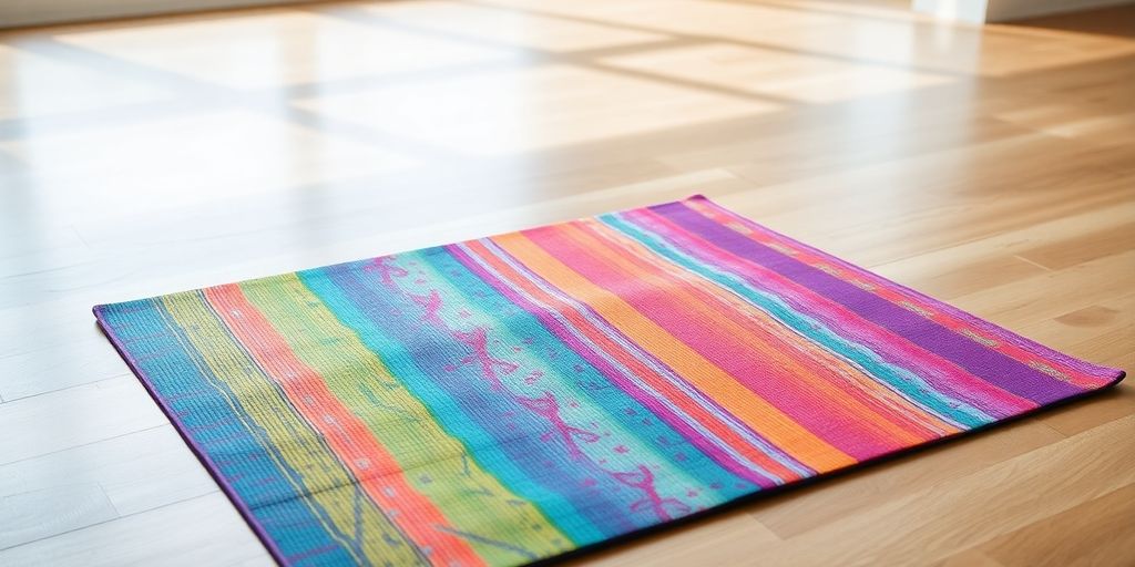 Wide yoga mat on a wooden floor with soft light.