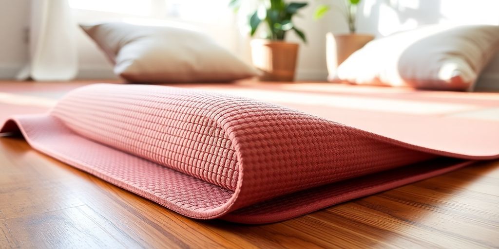 Thick yoga mat on hardwood floor with natural light.