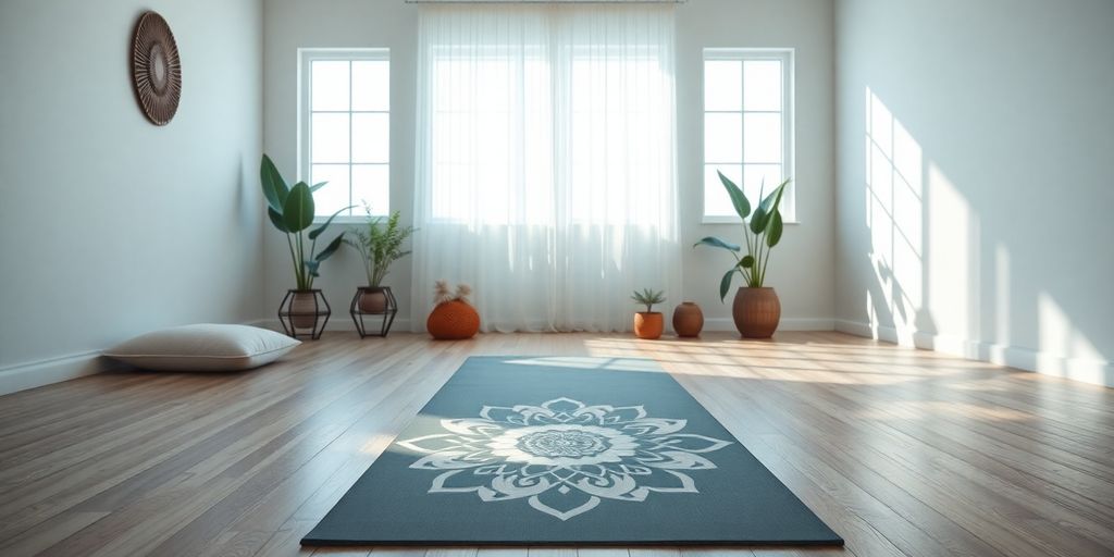 A peaceful yoga space with a decorative mat.