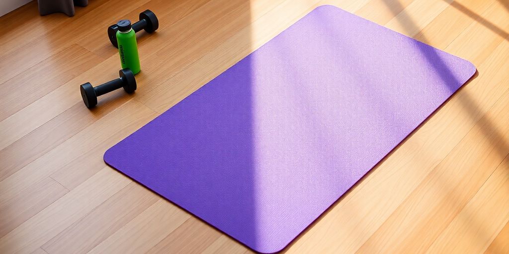 Colorful exercise mat with dumbbells and water bottle nearby.