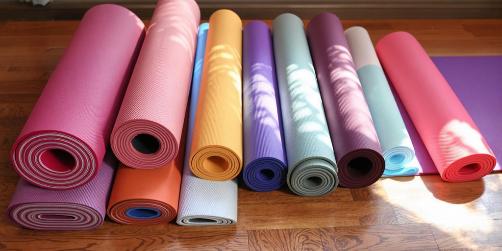 Colorful yoga mats of different sizes arranged on floor.