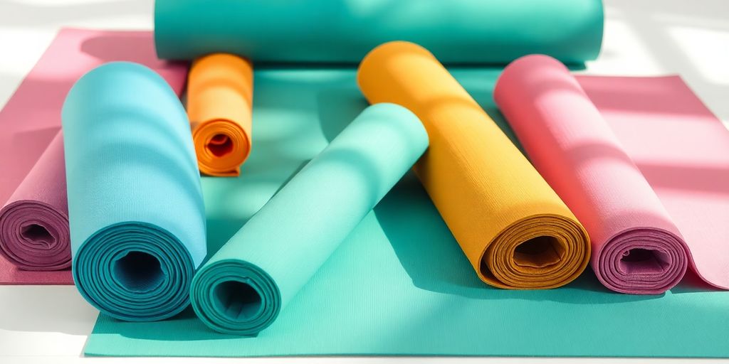 Various colorful yoga mats displayed on a clean surface.