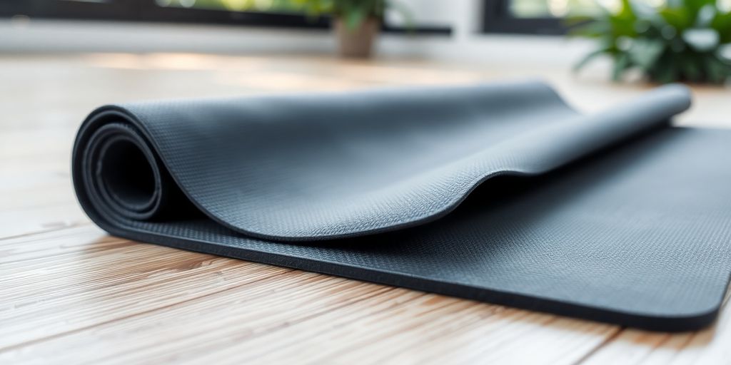 Thick non-slip yoga mat on wooden floor with plants.