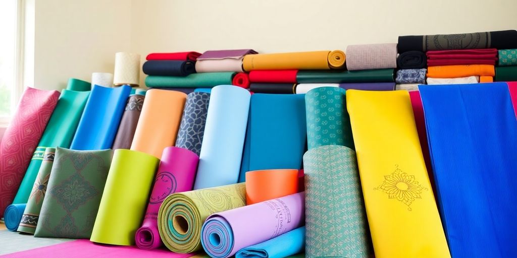 Colorful yoga mats displayed in a bright studio.