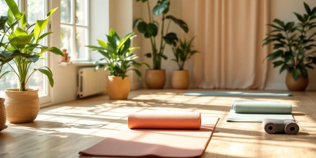 Eco-friendly yoga mats in a serene studio setting.