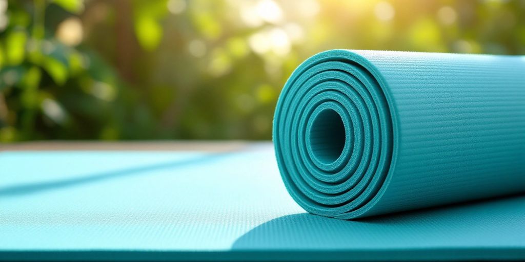 A clean yoga mat on a green outdoor surface.