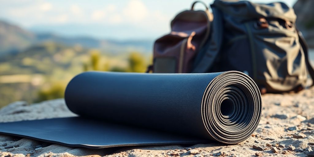 Lightweight yoga mat in a scenic travel setting.