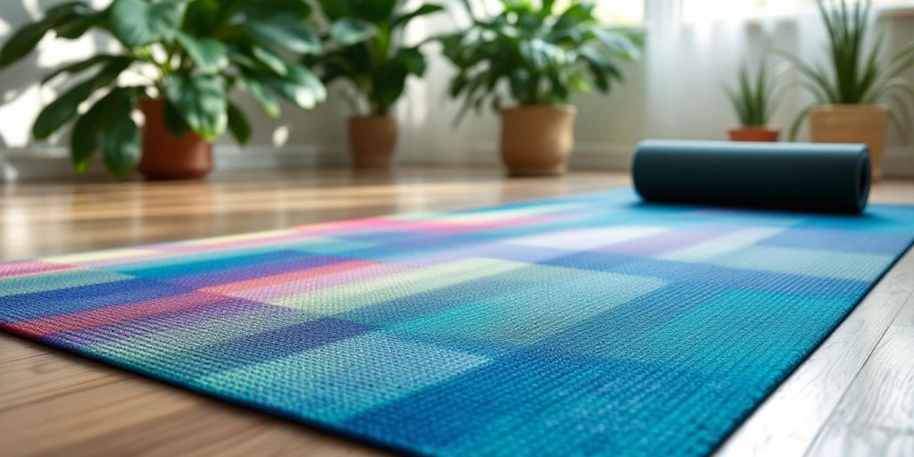 Colorful yoga mat in a tranquil studio environment.