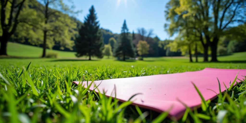 Colorful yoga mat on grass in a natural setting.