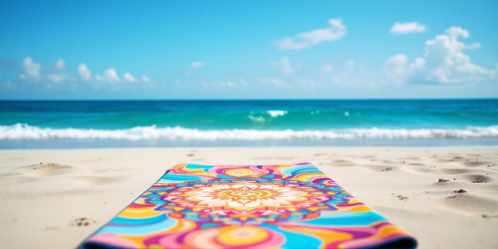 Yoga mat on the beach with ocean waves.