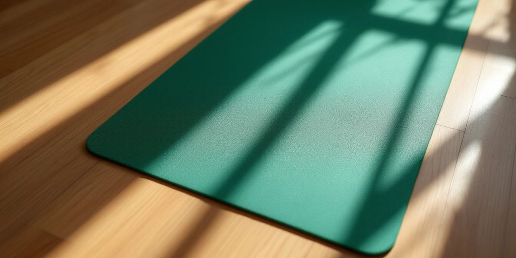 Jade yoga mat on wooden floor with natural light.