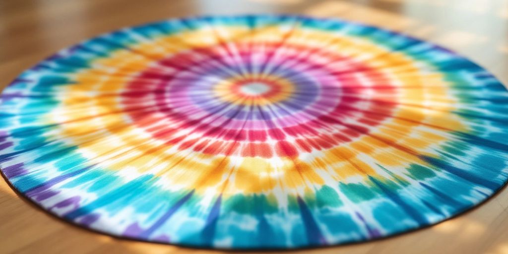 Colorful tie dye yoga mat on a wooden floor.