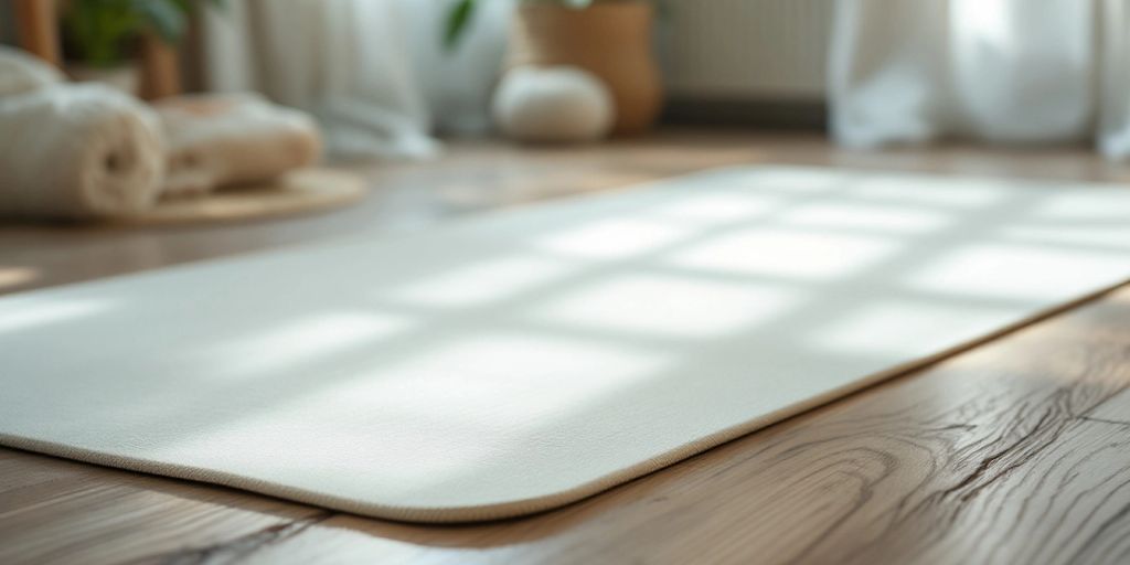 Off white yoga mat on a wooden floor.