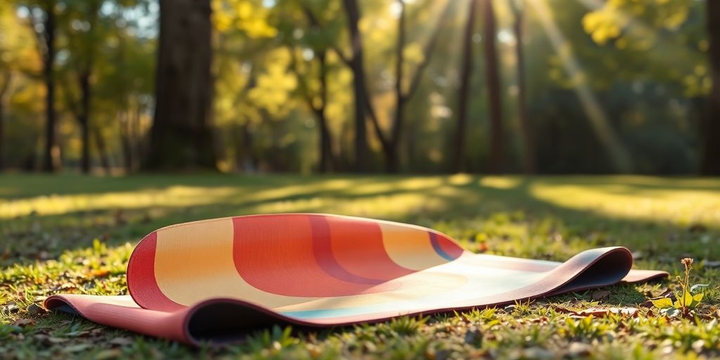 Colorful yoga mat in a peaceful outdoor environment.