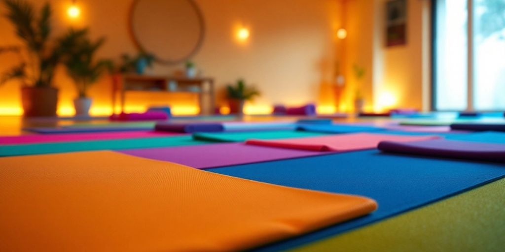 Colorful non-slip yoga mats in a bright studio.