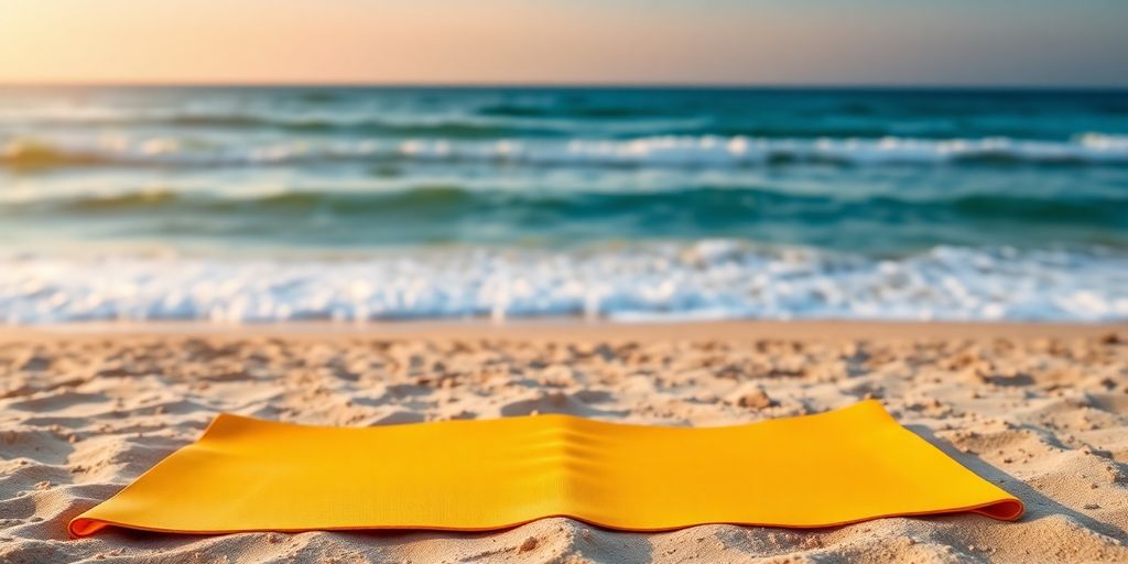 Travel yoga mat on a beach at sunset.