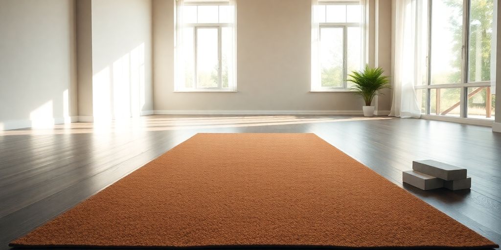 Extra large cork yoga mat in a serene studio setting.