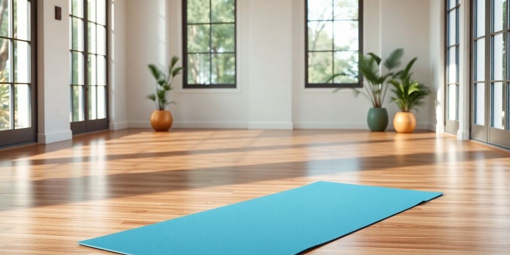 A thick yoga mat on a serene studio floor.