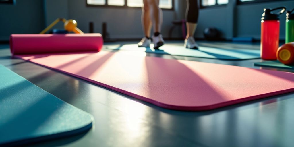 Extra long exercise mat on a gym floor.