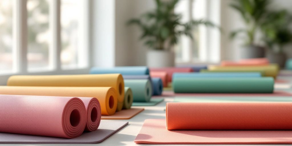 Colorful yoga mats in a serene studio setting.