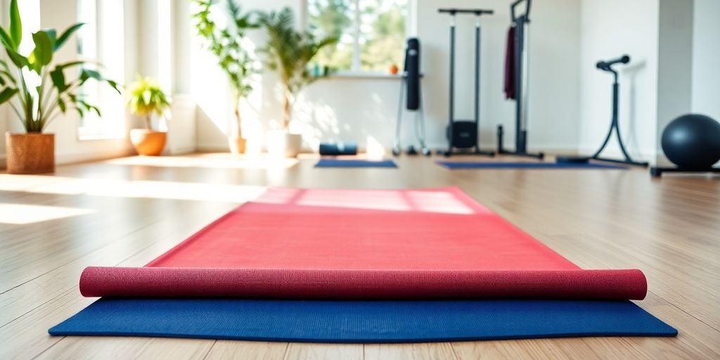 Colorful yoga mat on a well-lit studio floor.