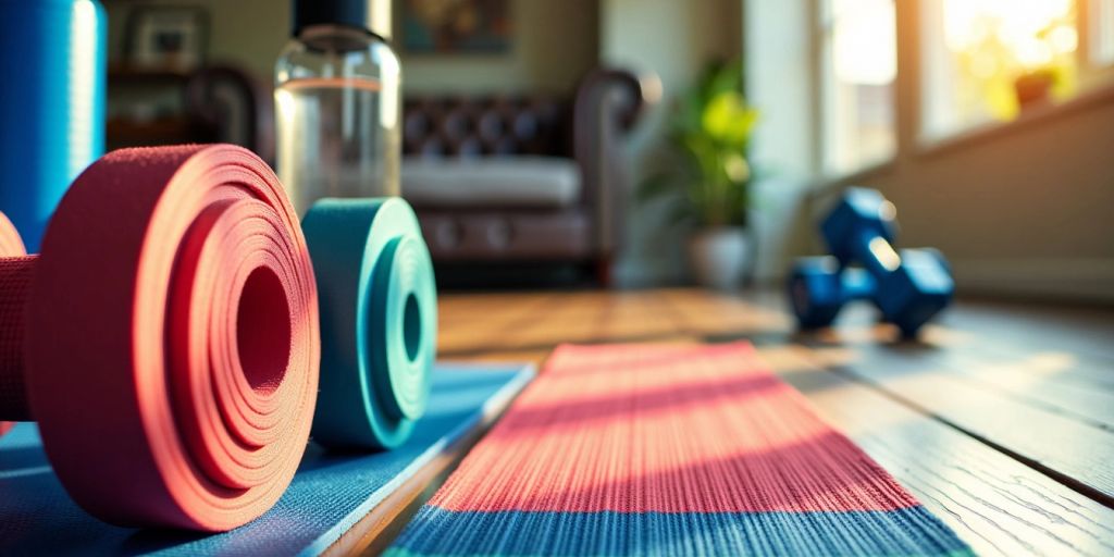 Colorful sweat mat with dumbbells and water bottle.