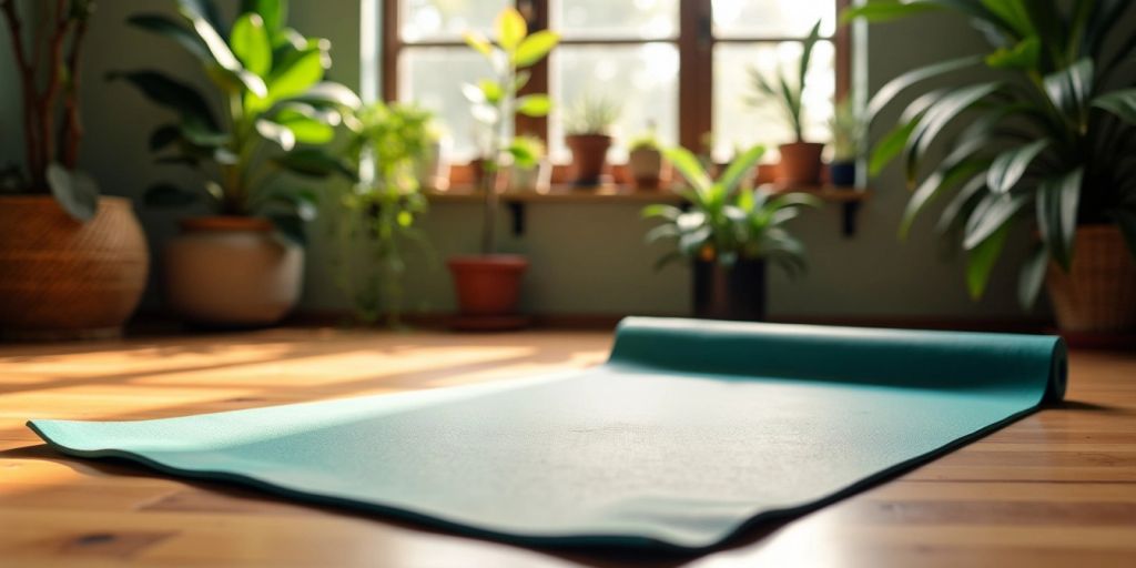 Yoga mat on wooden floor with plants and sunlight.