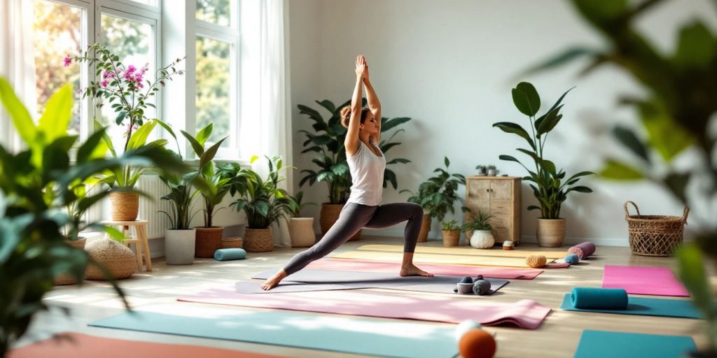 Colorful yoga mats in a serene yoga studio setting.