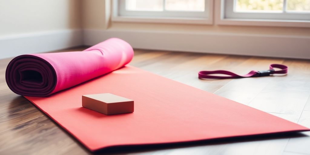 Colorful hot yoga mat with accessories on wooden floor.