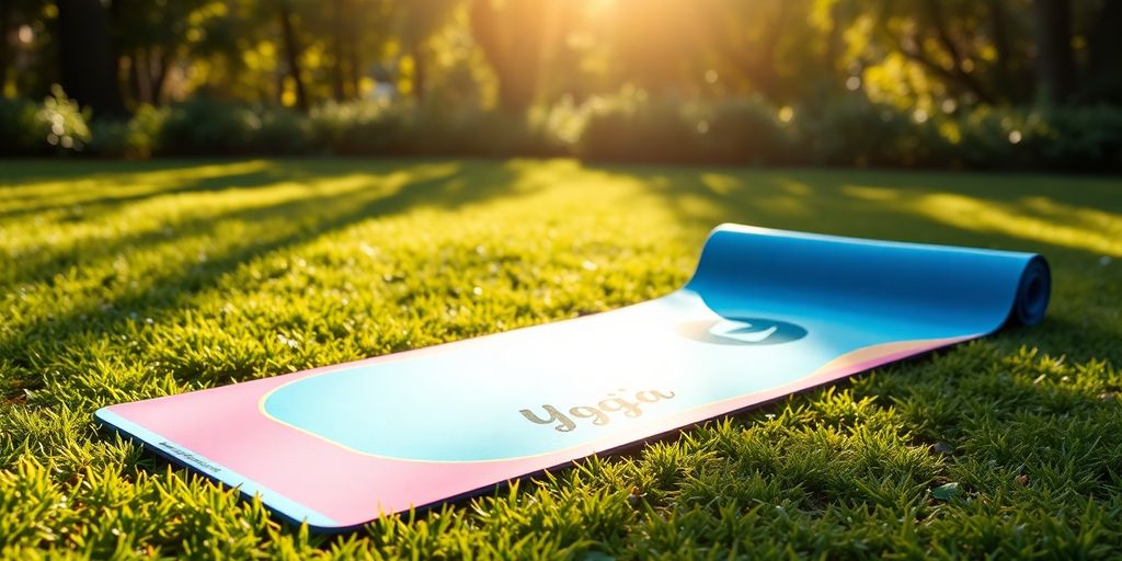 A vibrant yoga mat in a serene outdoor setting.