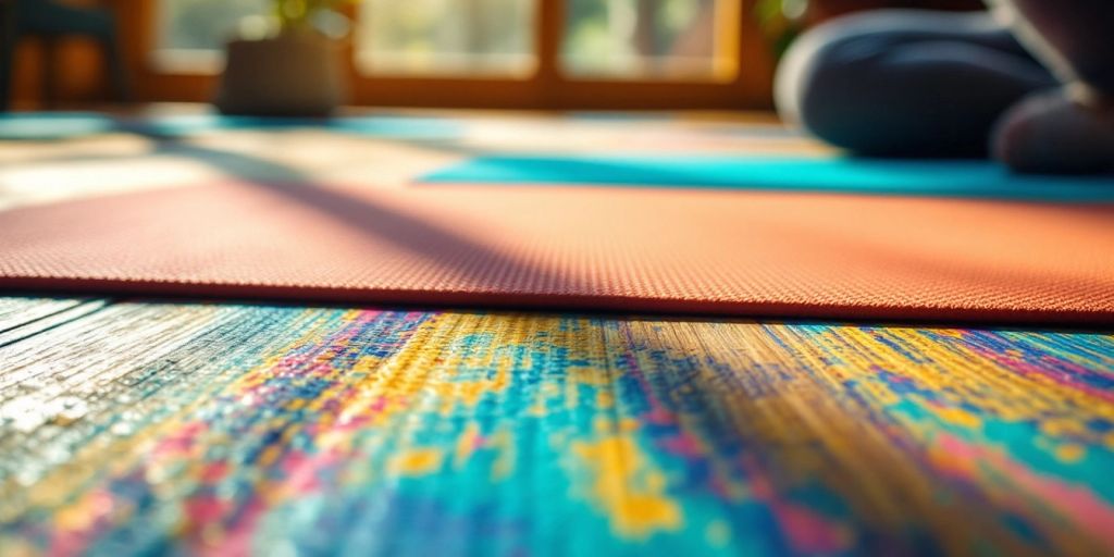 Close-up of a colorful non-slip yoga mat on floor.