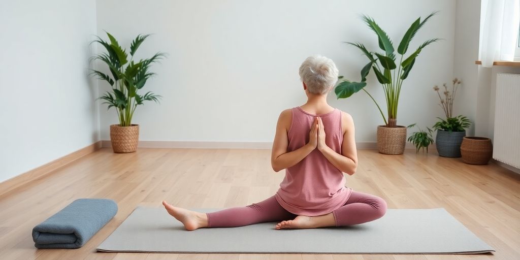 Yoga mat on a wooden floor with plants around.