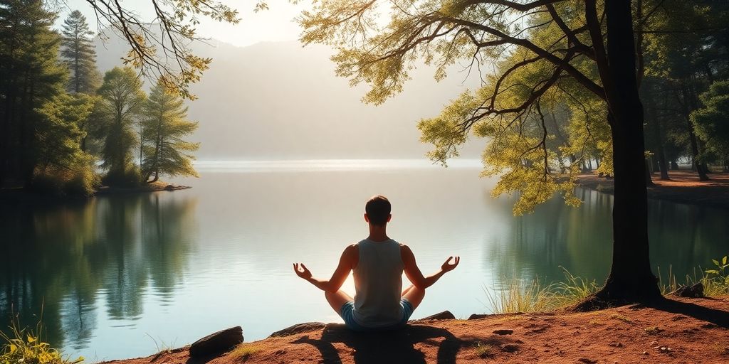 Person meditating by a peaceful lake in nature.