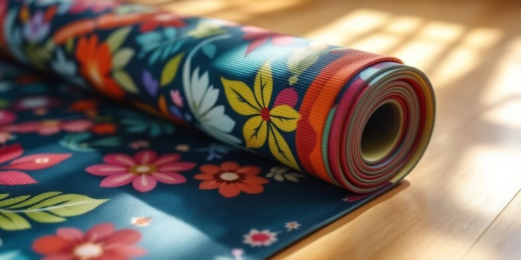 Colorful personalized yoga mat on a wooden floor.