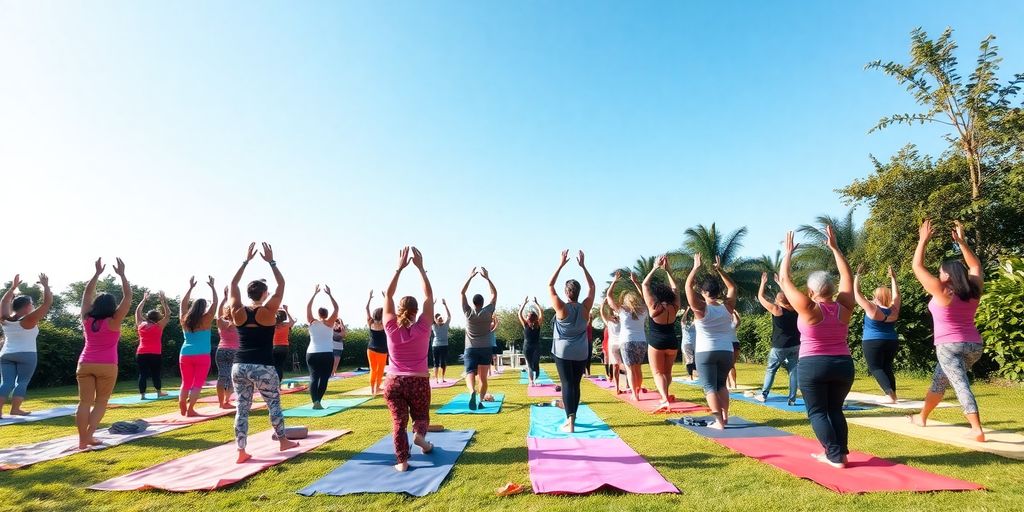 People practicing yoga on colorful mats outdoors.