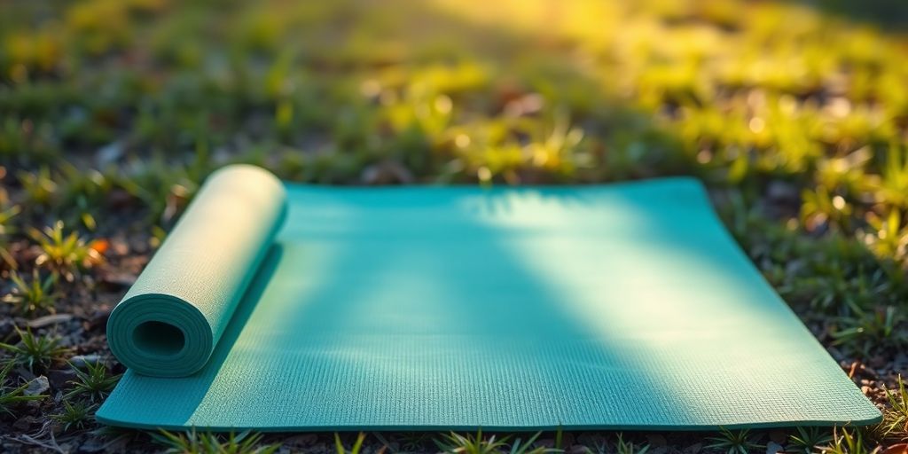 Colorful yoga mat on grass in a sunny setting.