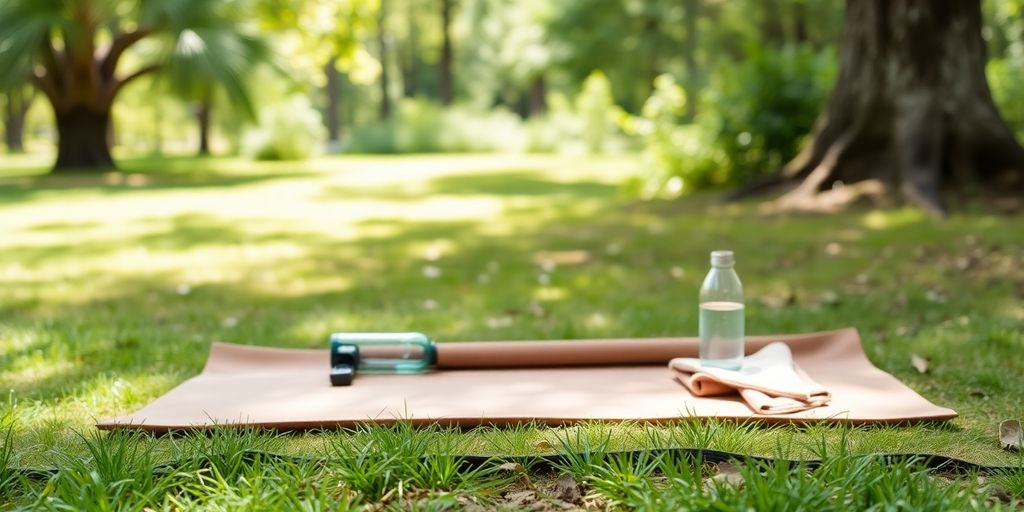 Travel yoga mat on grass in natural setting.