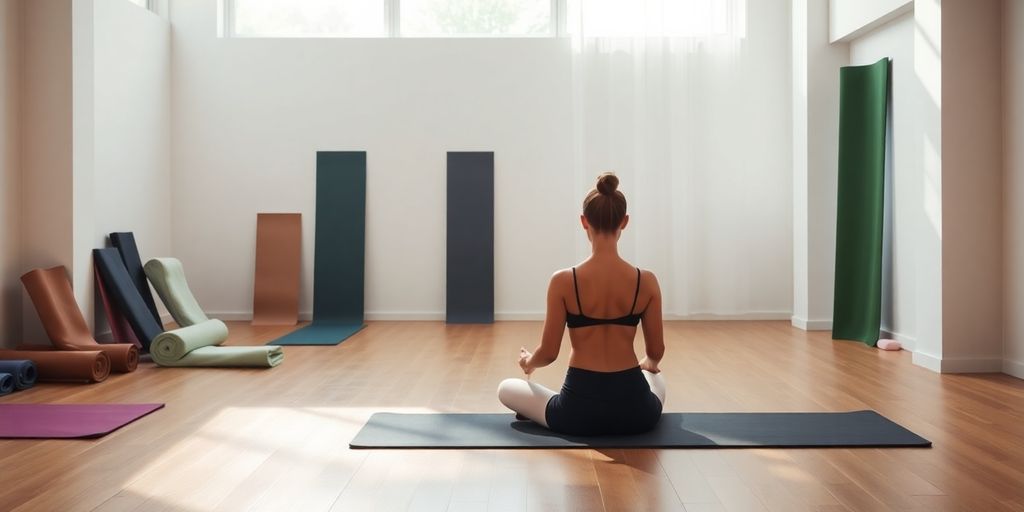 Yoga mats of various thicknesses in a serene studio.